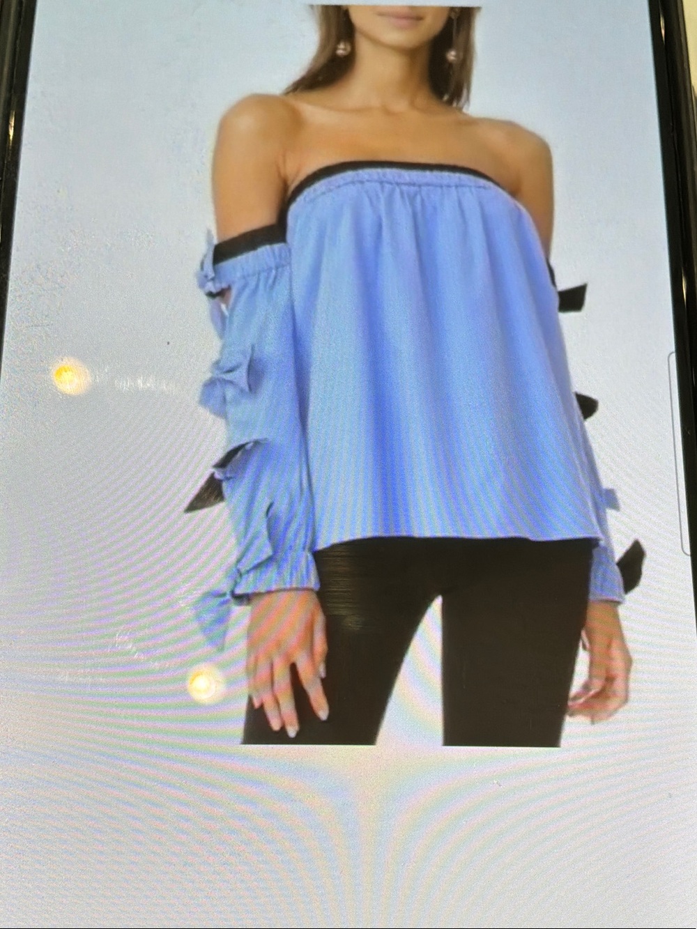 Milly Made USA Medium Light Blue Black Off-Shoulder Bow Tie-Sleeve Top